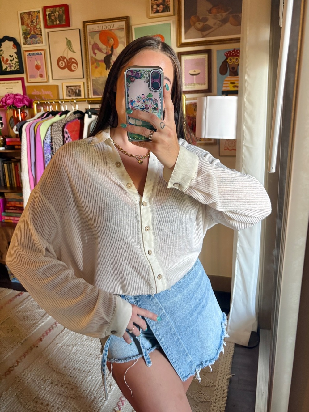 Listicle Ivory Ribbed Long Sleeve Button Down Top